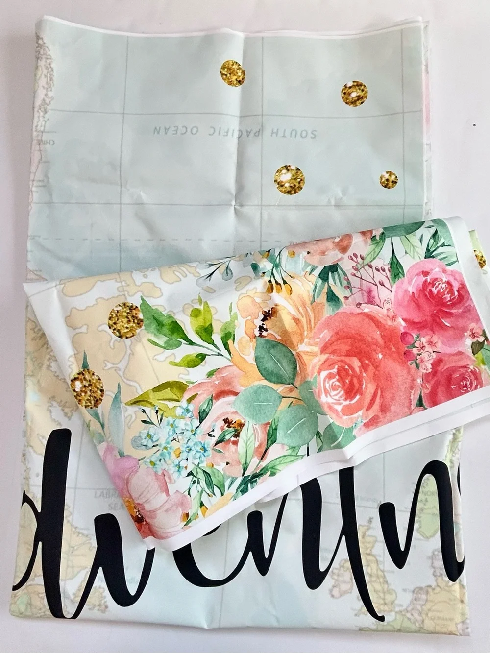 'The Adventure Begins' Floral Map Backdrop - Blue, Pink, Gold